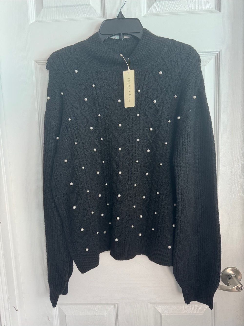 Copper Key Black Pearl-Embellished Cable Turtleneck Sweater